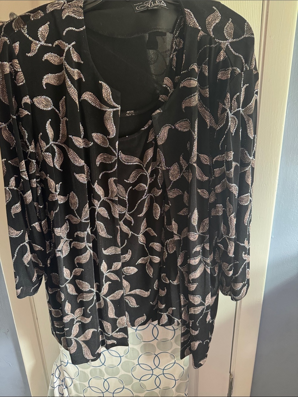 Alex Evenings Black Jacket and Camisole with Silver Leaf Pattern